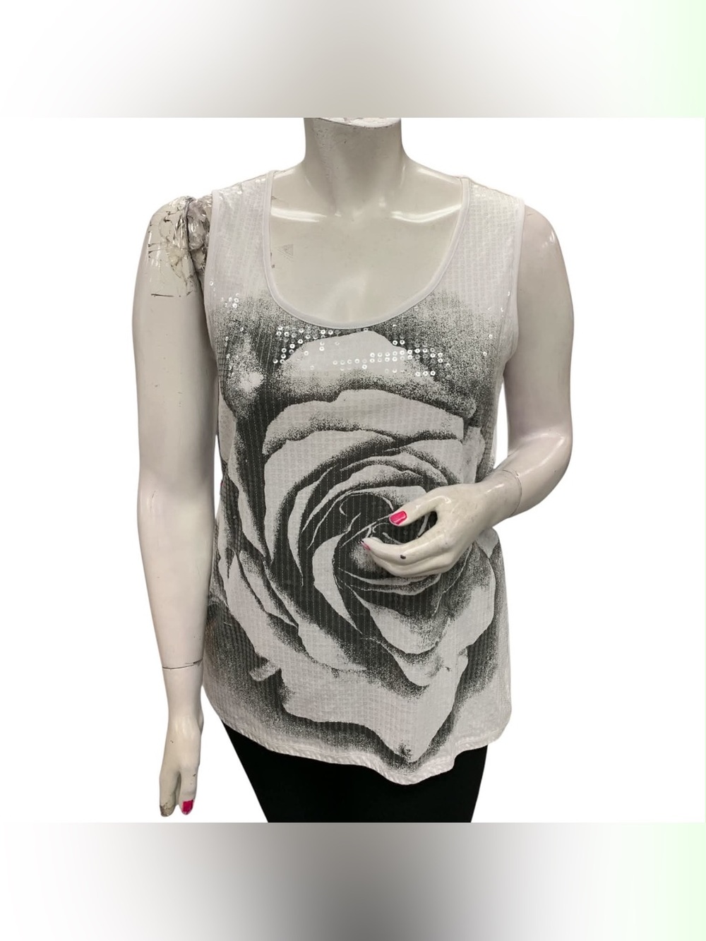 Addition Elle White Tank Top with Gray Rose Print and Sequin Detail Size Xl